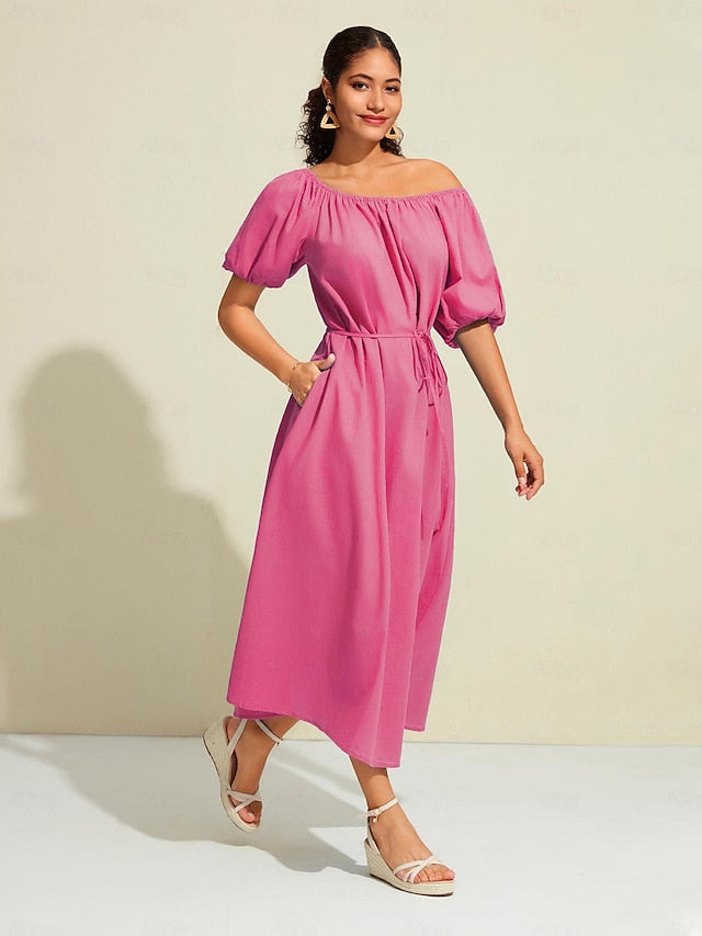 Cotton A Line Ruched Belted One Shoulder Maxi Dress