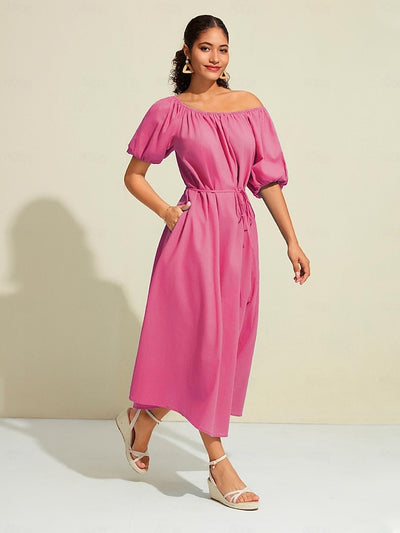Cotton A Line Ruched Belted One Shoulder Maxi Dress