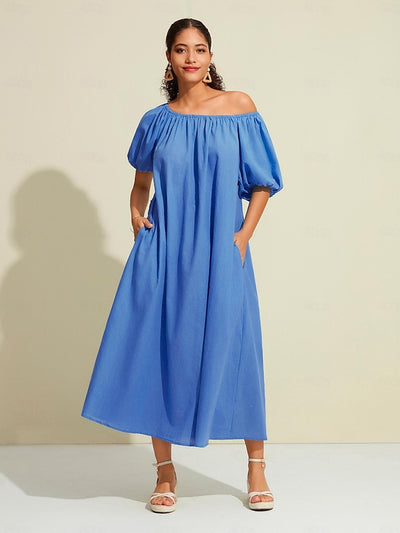 Cotton A Line Ruched Belted One Shoulder Maxi Dress