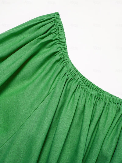 Cotton A Line Ruched Belted One Shoulder Maxi Dress