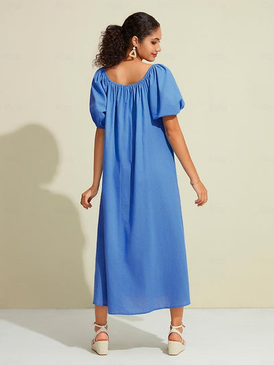 Cotton A Line Ruched Belted One Shoulder Maxi Dress