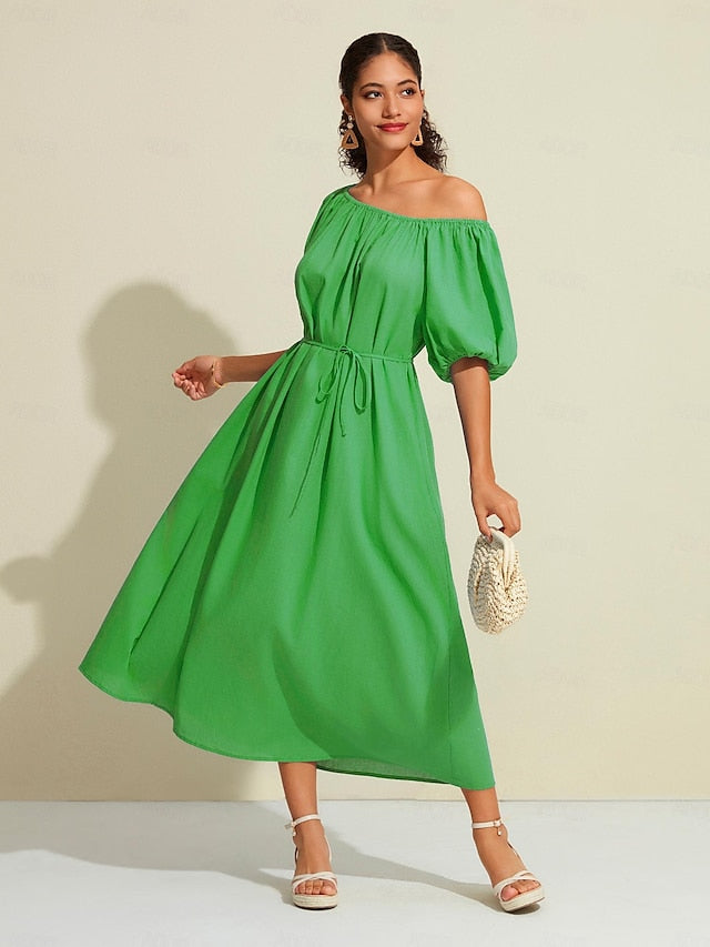 Cotton A Line Ruched Belted One Shoulder Maxi Dress